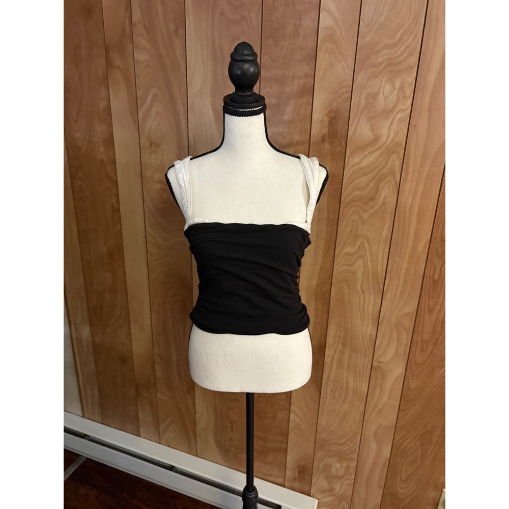 Free People Black Ruched Tank Top White Contrast Straps Square Neck Medium